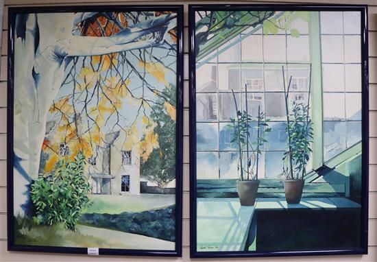 Edward Norman, pair of oils on board, View of a country house and Pot plants of a window cill, signed, 85 x 60cm